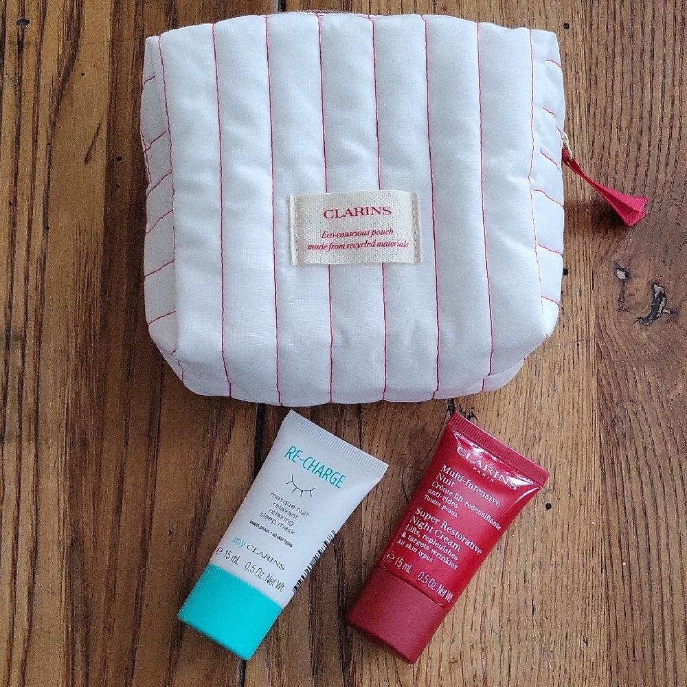Clarins Quilted White and Red Bag with Skincare Duo